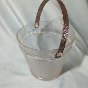 Vtg Glass Ice Bucket w/Hammered Metal Handle Oak Barrel Pattern Mid-Century Mod